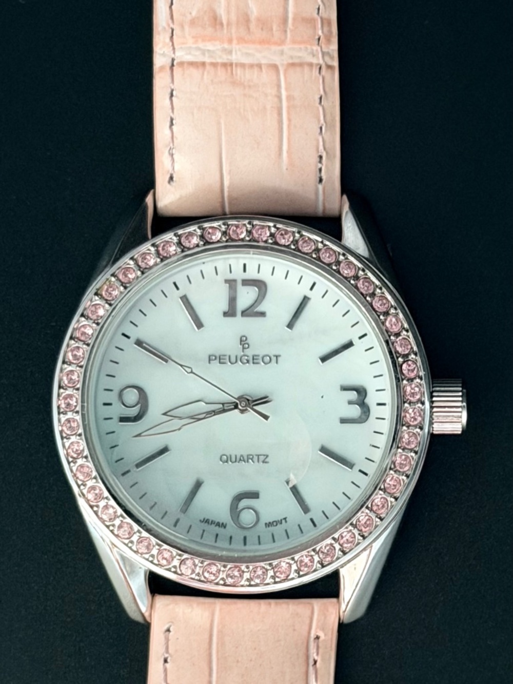 Peugeot 3006PK Boyfriend Watch Pink Swarovski Crystal Bezel Leather Mother Pearl